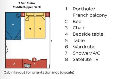 OX - 2 Bed Upper Deck Aft with French Balcony Plan