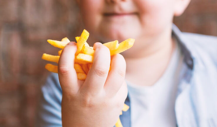 criança segurando batata frita na mão