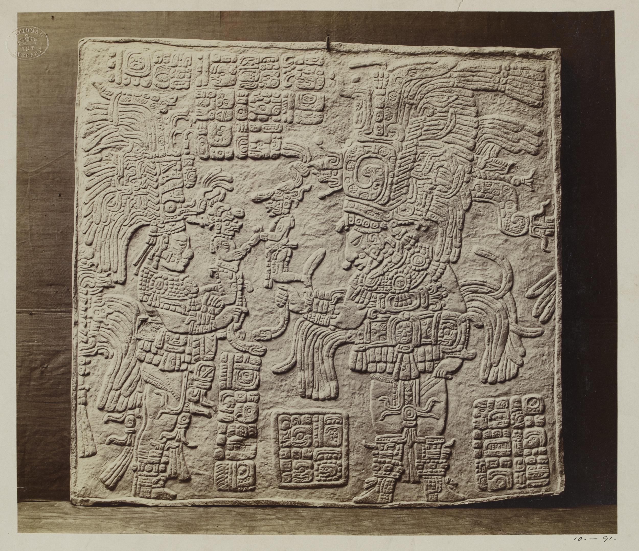 Alfred Percival Maudslay, Photograph of a plaster cast of a panel carved with Mayan script and two figures of gods, the original was found on the banks of the Usumacinta River, Mexico. Courtesy Victoria and Albert Museum (29380)