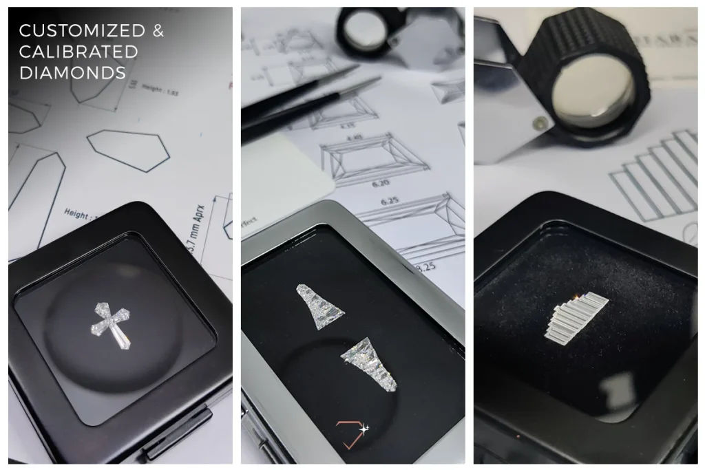 A Cross layout, Trapezoid Brilliant cut side stones for shank of a ring, Baguette cut tower layout for a jewelry piece