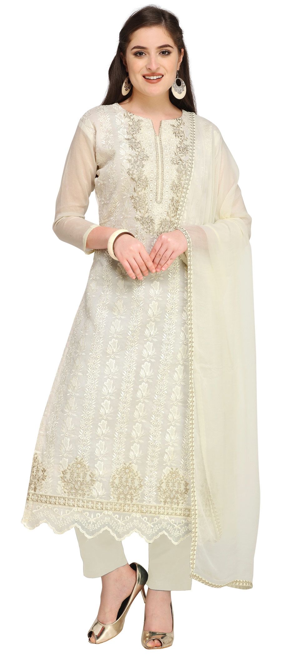 Casual Party Wear White And Off White Color Cotton Fabric Salwar Kameez