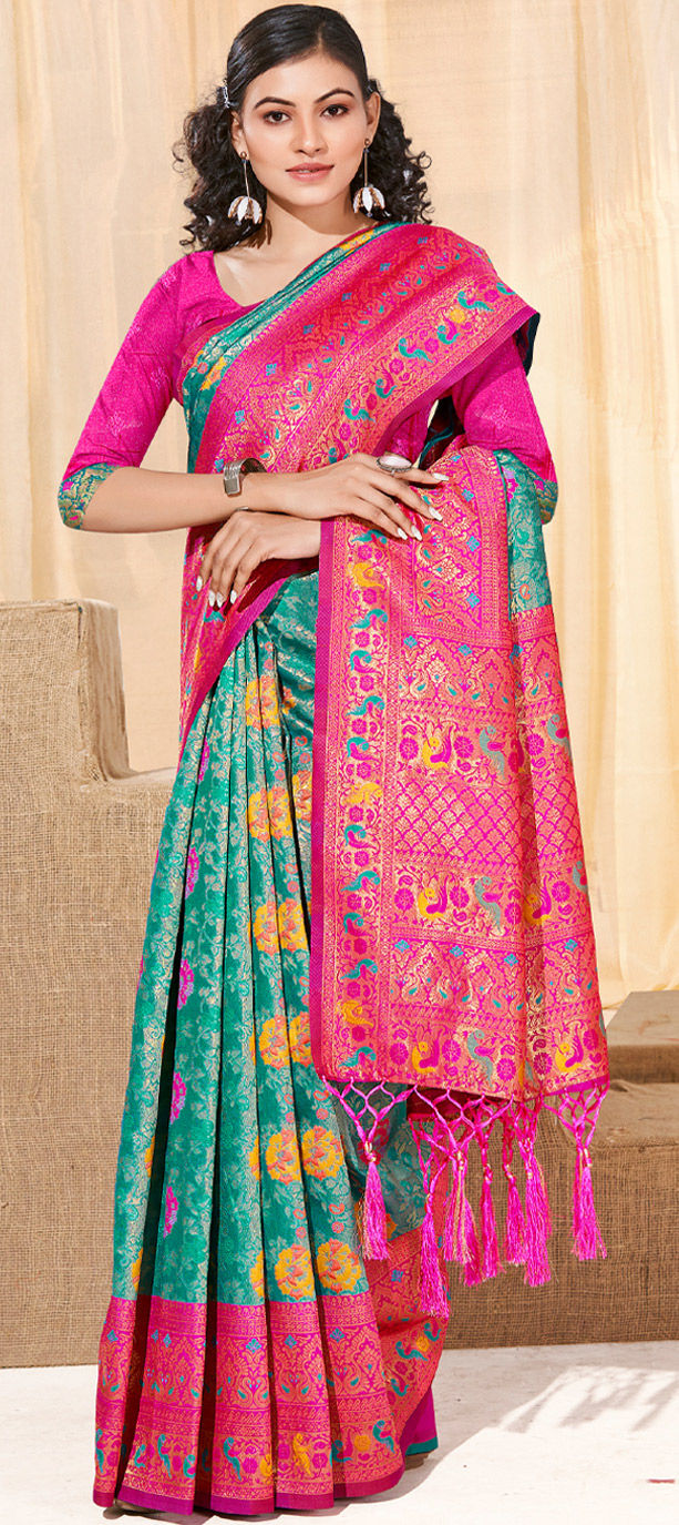 Party Wear Traditional Blue Pink And Majenta Color Kanjeevaram Silk