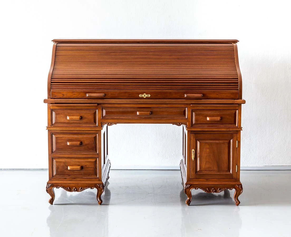 Antique Desks - British Colonial Teakwood Pedestal Roll Top Desk - The Past Perfect Collection - Singapore