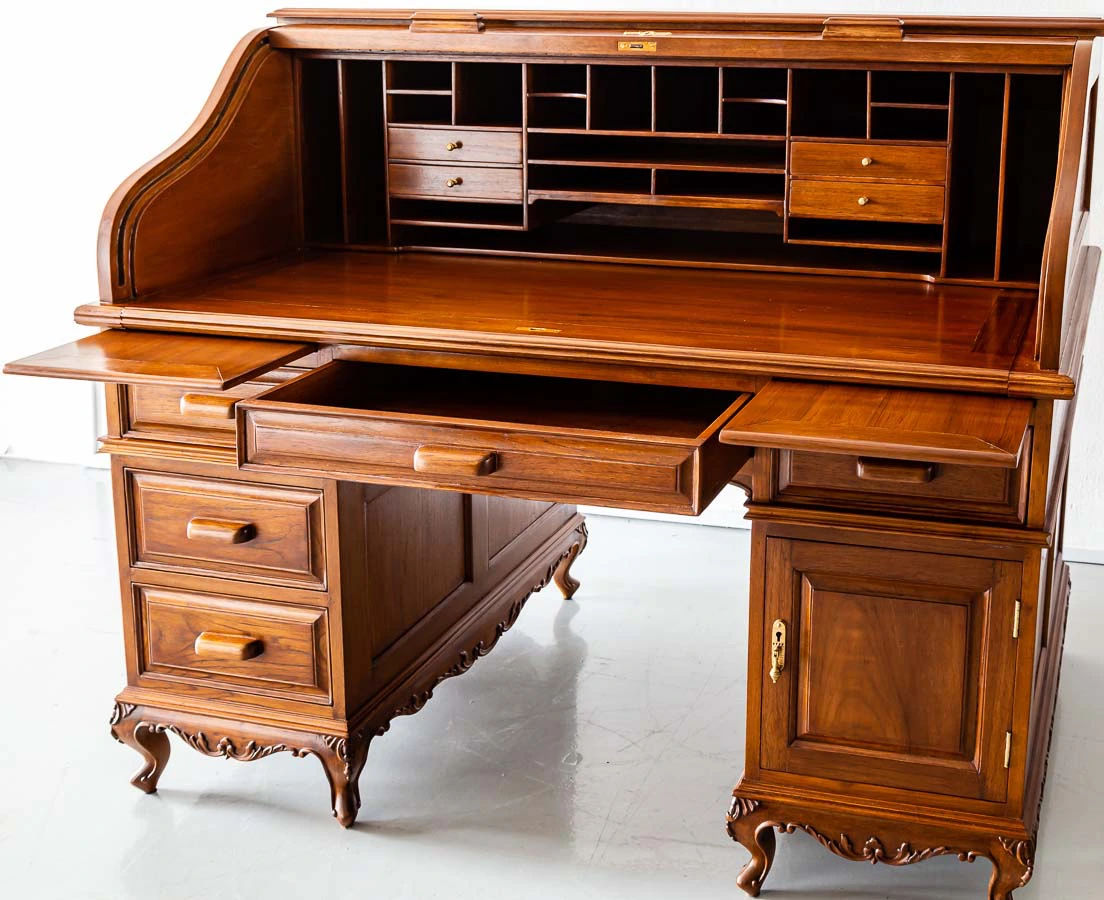 Antique Desks - British Colonial Teakwood Pedestal Roll Top Desk - The Past Perfect Collection - Singapore