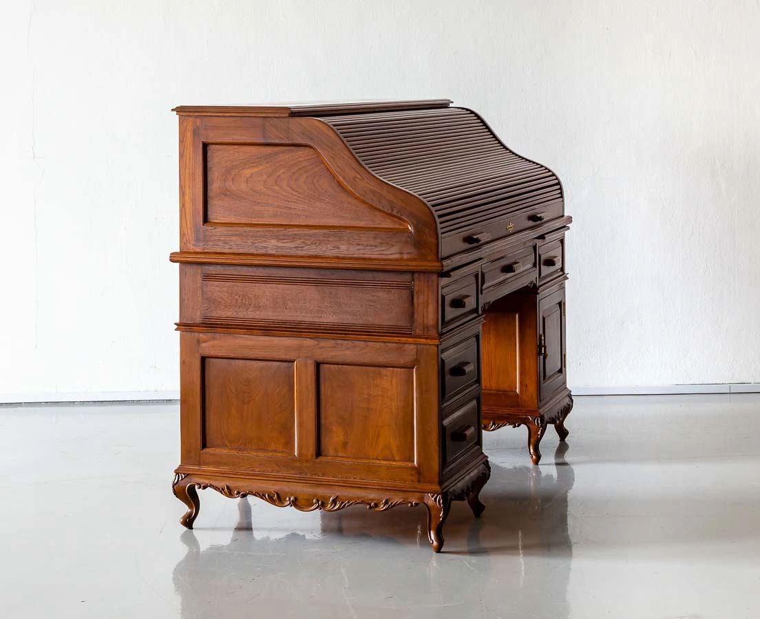Antique Desks - British Colonial Teakwood Pedestal Roll Top Desk - The Past Perfect Collection - Singapore