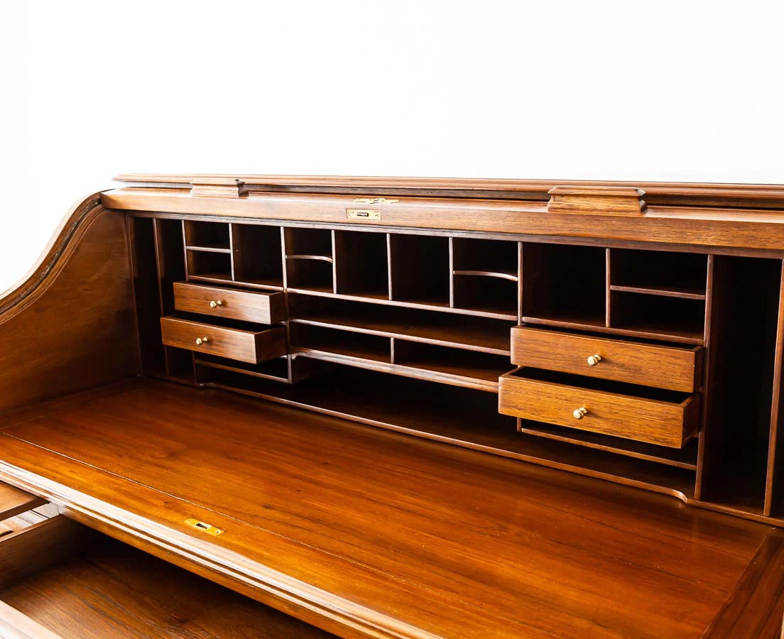 Antique Desks - British Colonial Teakwood Pedestal Roll Top Desk - The Past Perfect Collection - Singapore