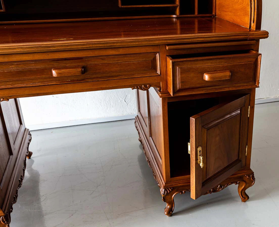 Antique Desks - British Colonial Teakwood Pedestal Roll Top Desk - The Past Perfect Collection - Singapore