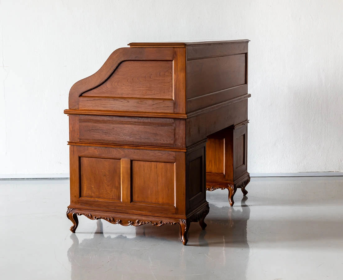 Antique Desks - British Colonial Teakwood Pedestal Roll Top Desk - The Past Perfect Collection - Singapore