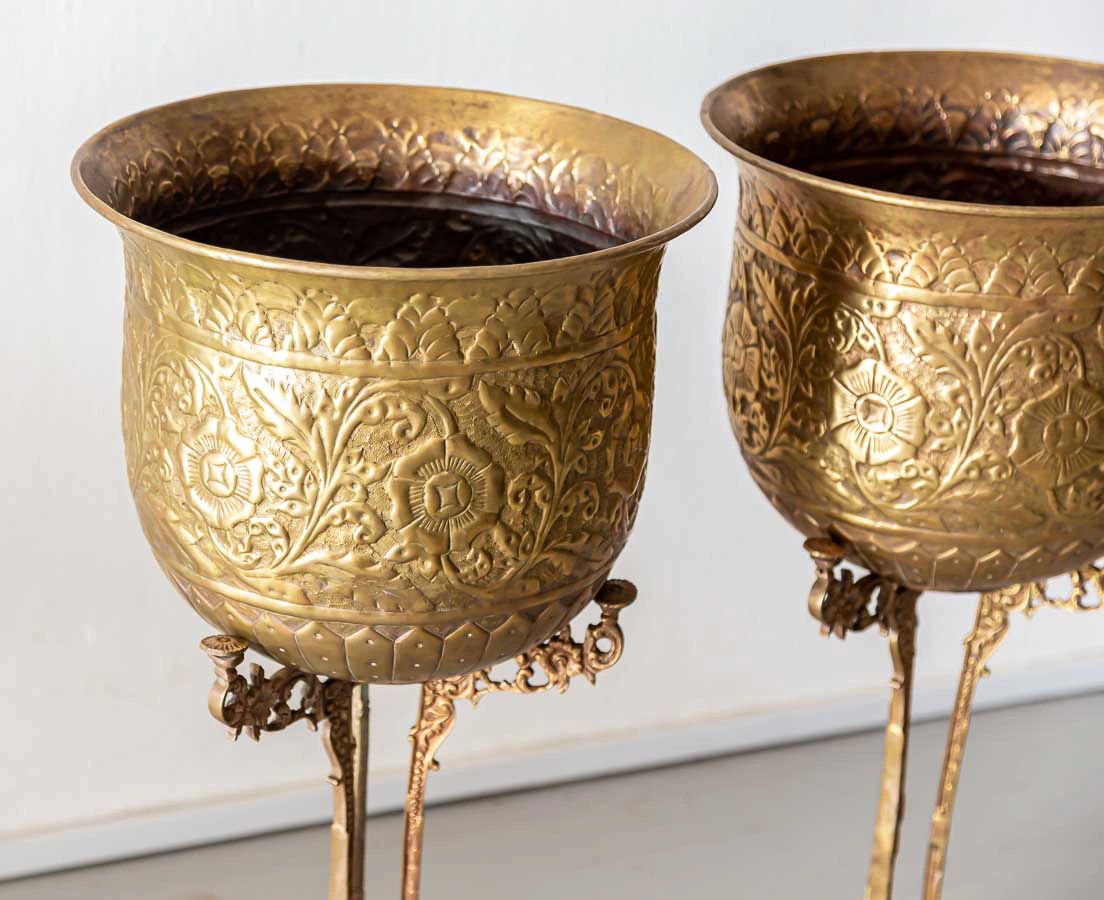 Pair of Embossed Brass Planters on stand - the Past Perfect Collection - Singapore