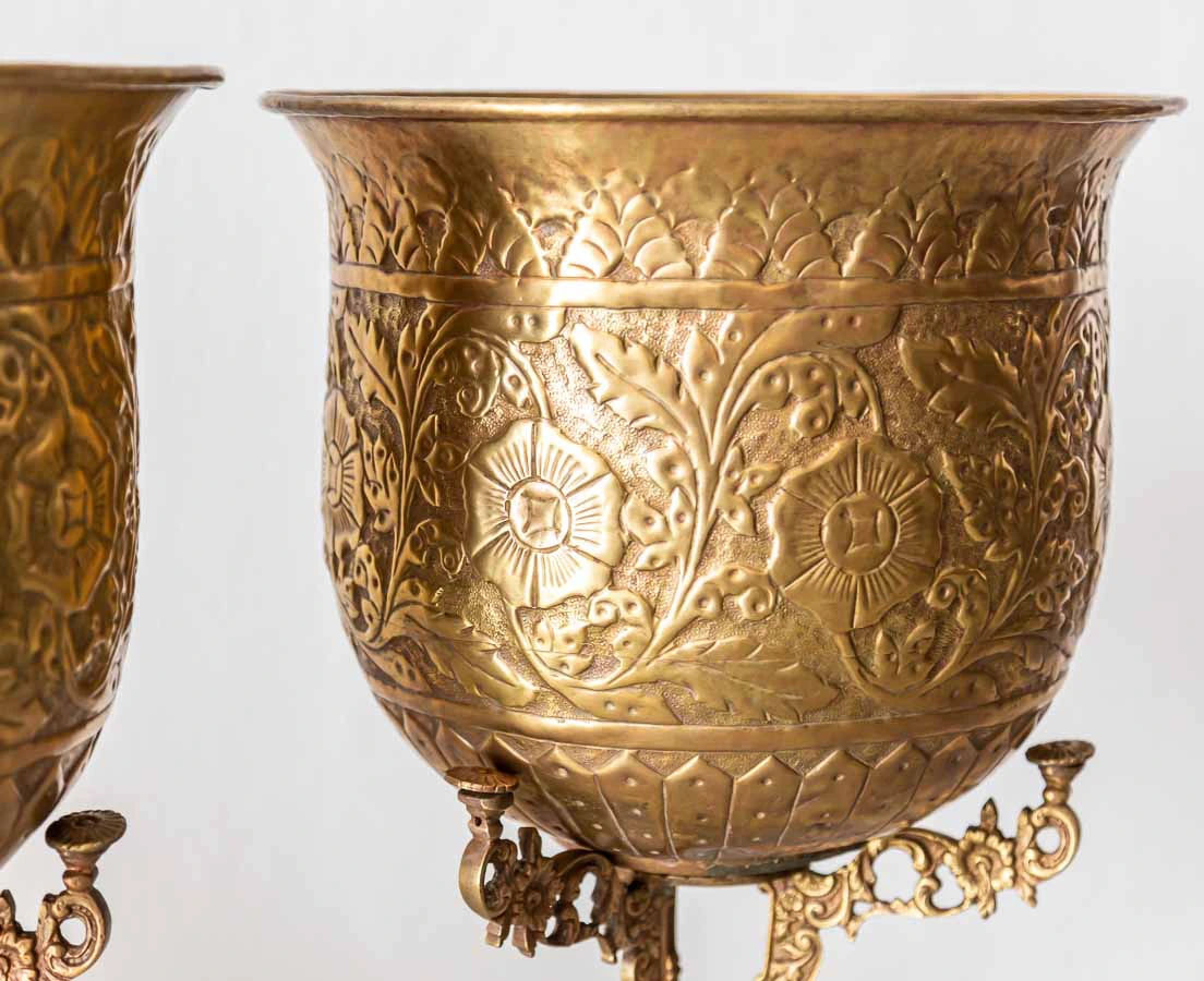Pair of Embossed Brass Planters on stand - the Past Perfect Collection - Singapore