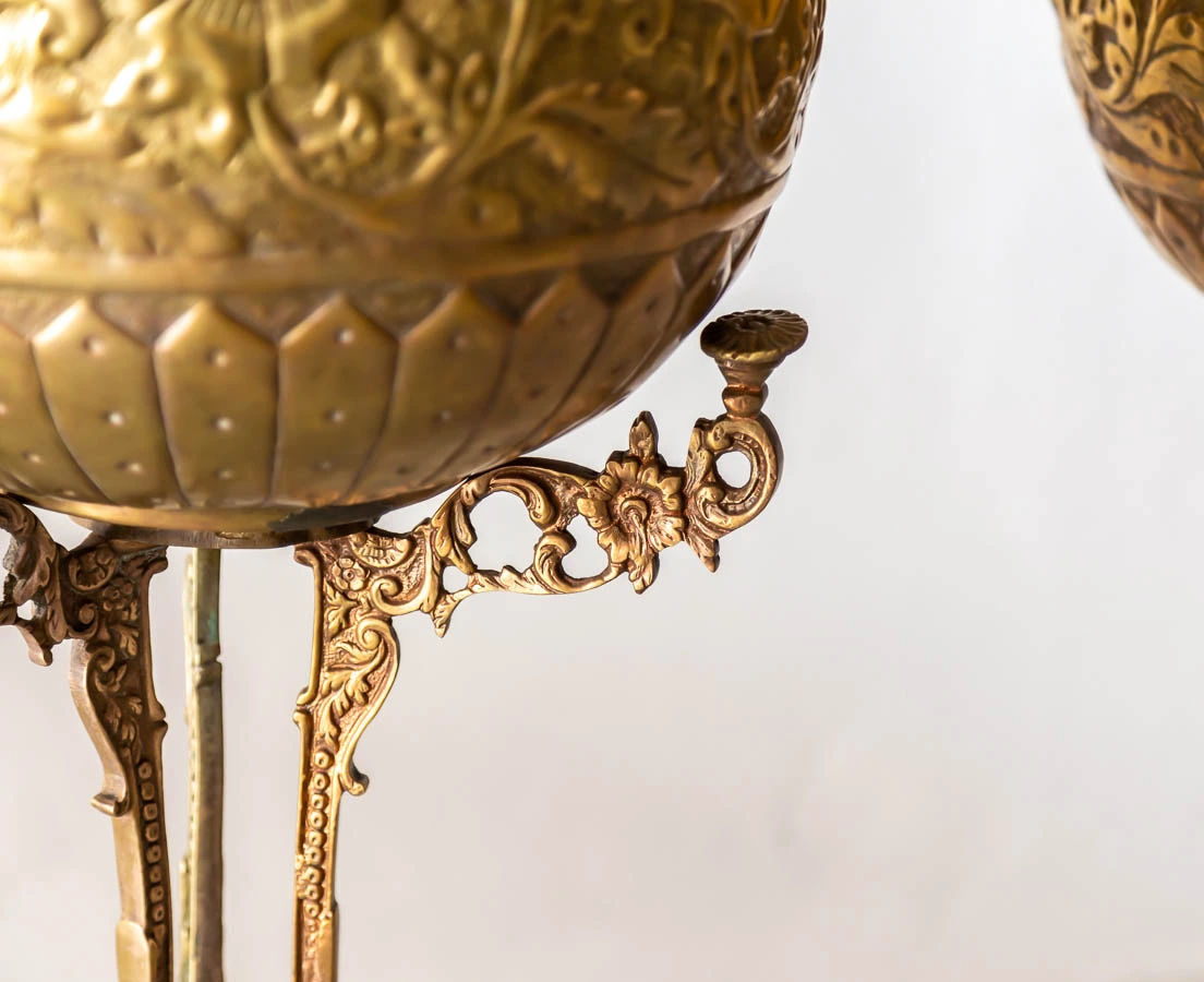 Pair of Embossed Brass Planters on stand - the Past Perfect Collection - Singapore