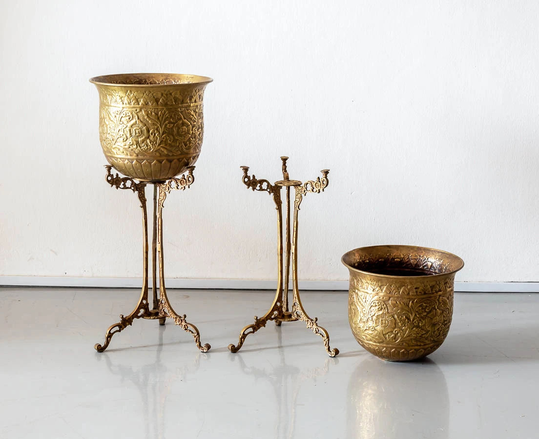 Pair of Embossed Brass Planters on stand - the Past Perfect Collection - Singapore