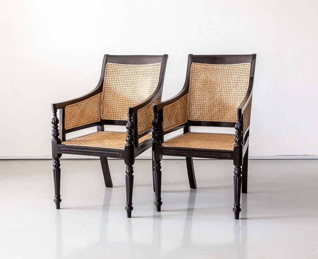 Antique Chairs - Pair of British Colonial Ebony Enclosed Armchairs - The Past Perfect Collection - Singapore