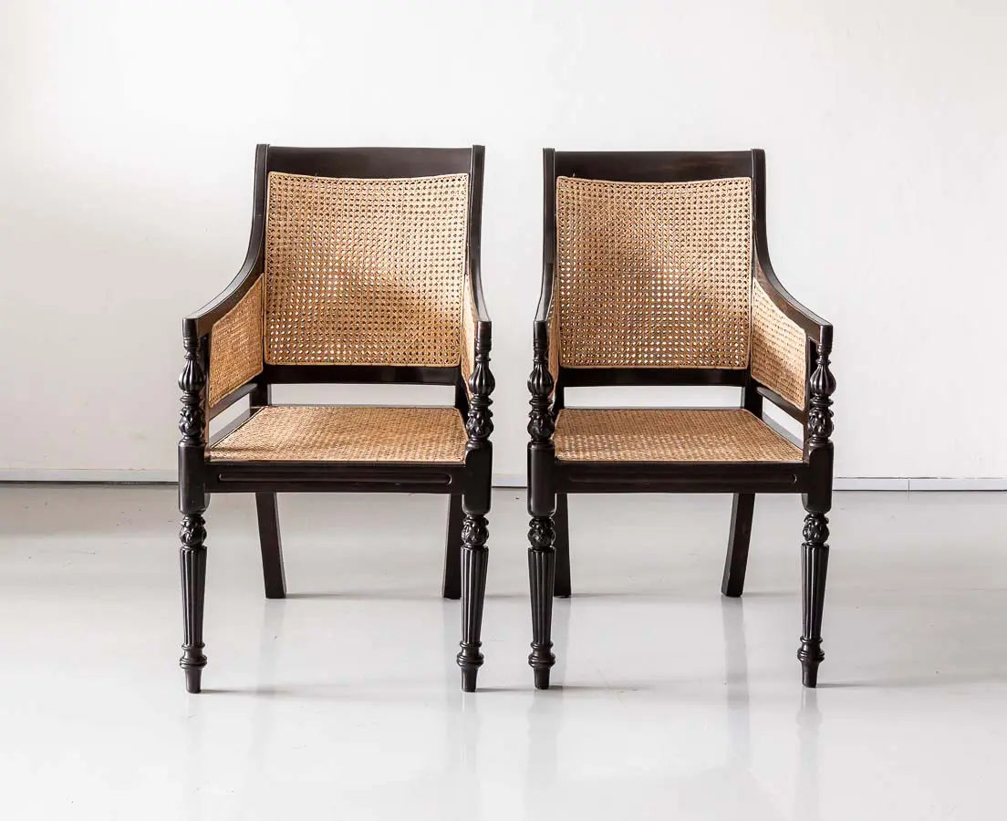 Antique Chairs - Pair of British Colonial Ebony Enclosed Armchairs - The Past Perfect Collection - Singapore