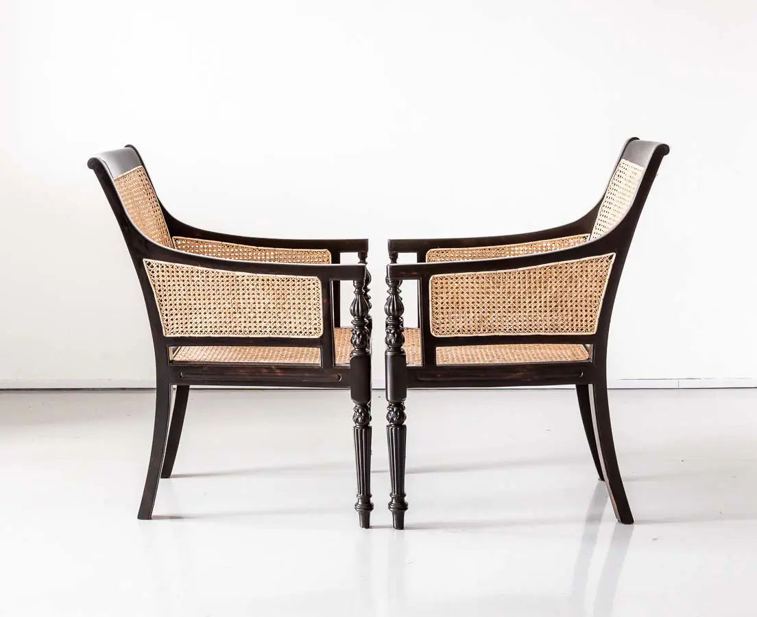 Antique Chairs - Pair of British Colonial Ebony Enclosed Armchairs - The Past Perfect Collection - Singapore