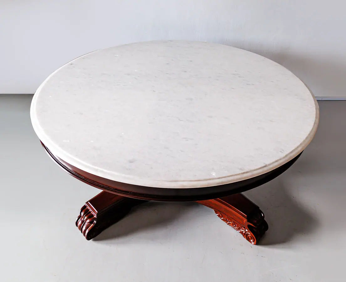 Antique Tables - British Colonial Mahogany Round Table with Marble Top - The Past Perfect Collection - Singapore