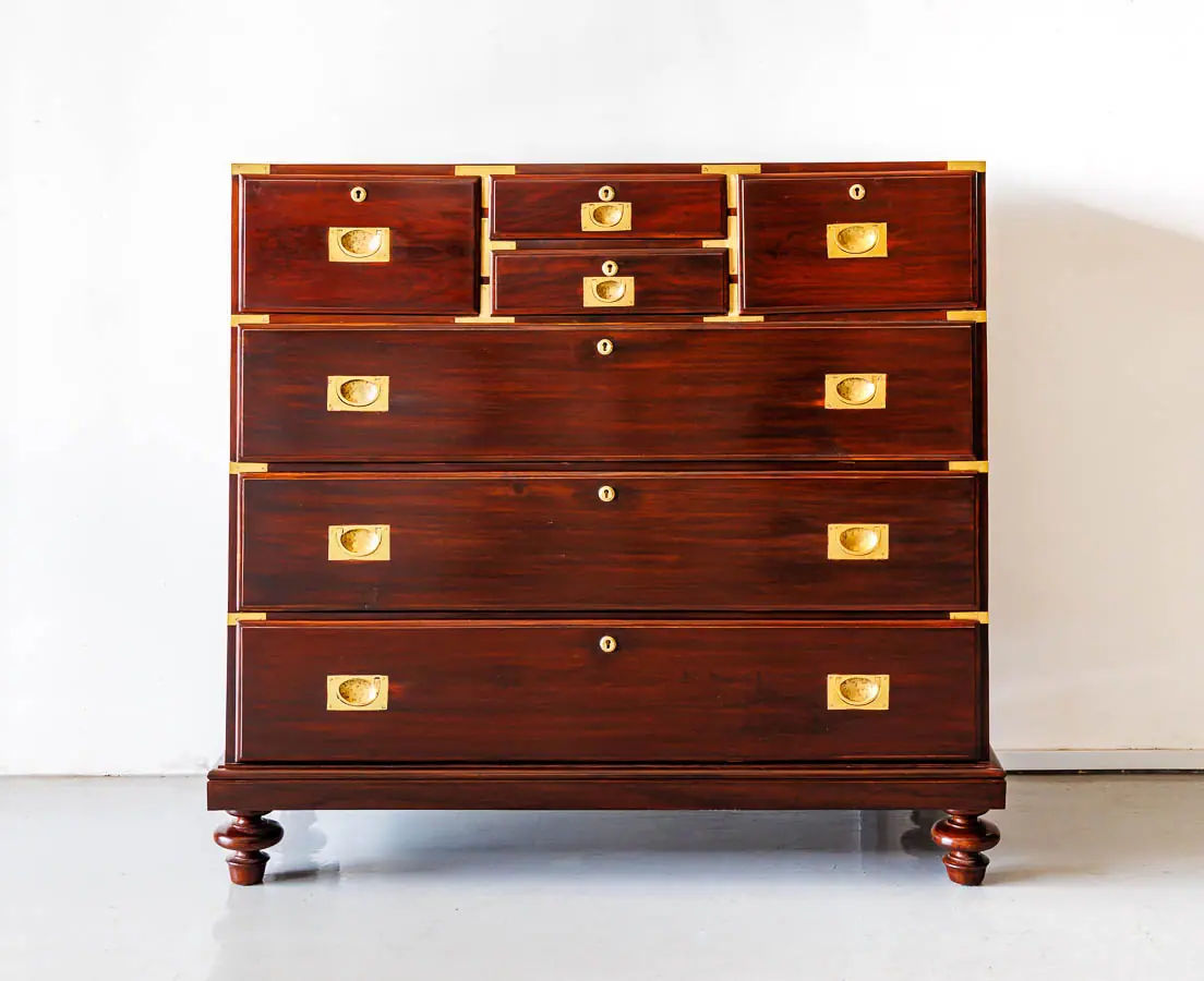 Antique Chests of Drawers - British Colonial Rosewood Campaign Chest of Drawers - The Past Perfect Collection CUP-640 1L