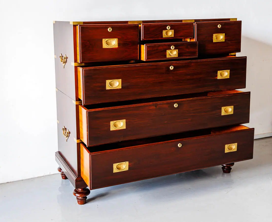 Antique Chests of Drawers - British Colonial Rosewood Campaign Chest of Drawers - The Past Perfect Collection