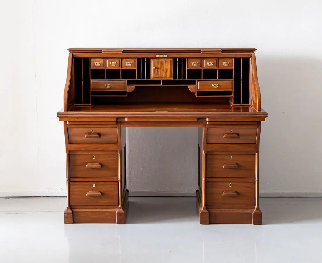 Antique Desks - British Colonial Teakwood Roll Top Desk - The Past Perfect Collection - Singapore