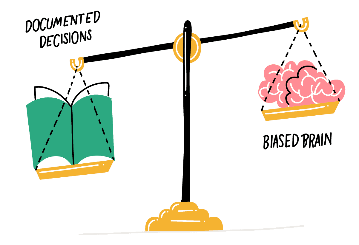 Illustration of a balance holding a notebook of documented decisions, outweighing a brain biased by hindsight