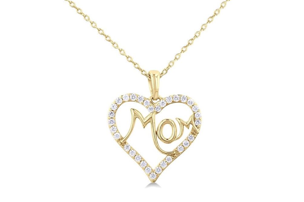 1/4 ctw 'MOM' Heart Frame Round Cut Diamond Fashion Pendant With Chain in 10K Yellow Gold