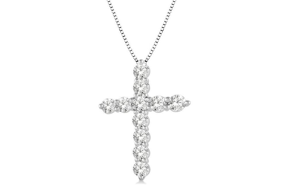 1 Ctw Round Cut Lab Grown Diamond Cross Pendant in 10K White Gold with Chain