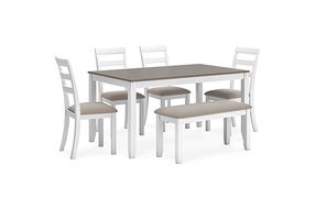 Stonehollow Dining Table and Chairs with Bench (Set of 6)-White/Gray