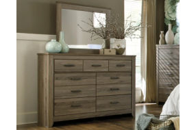 Zelen King Panel Bed, Dresser, Mirror and Nightstand-Warm Gray