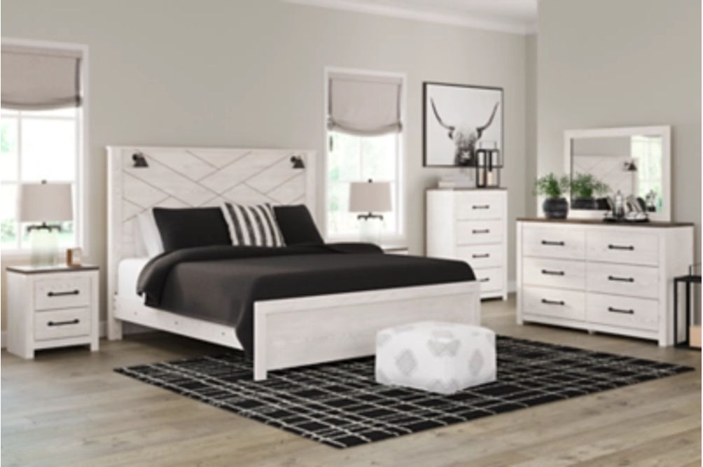 Gerridan King Panel Bed, Dresser, Mirror, Chest and 2 Nightstands-White/Gray