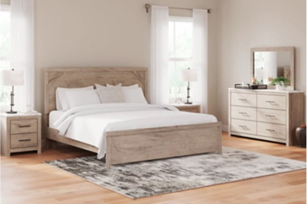 Senniberg King Panel Bed, Dresser, Mirror, and Nightstand-Light Brown/White