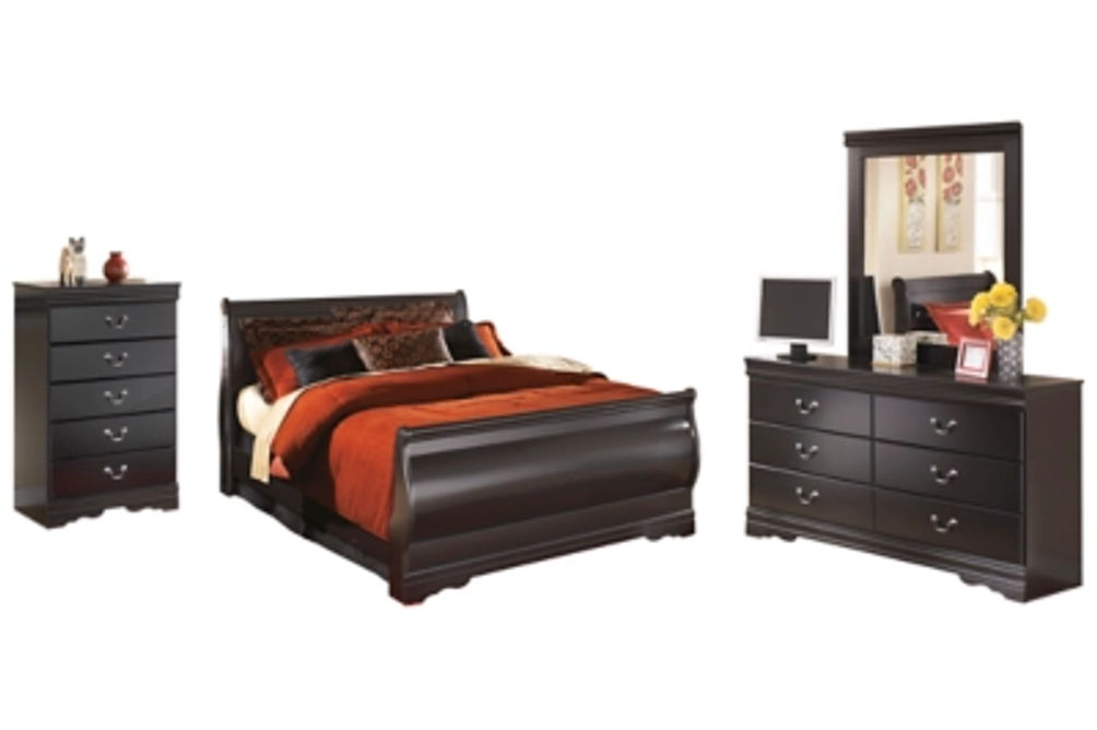 Huey Vineyard Queen Sleigh Bed with Dresser, Mirror and Chest of Drawers-Black