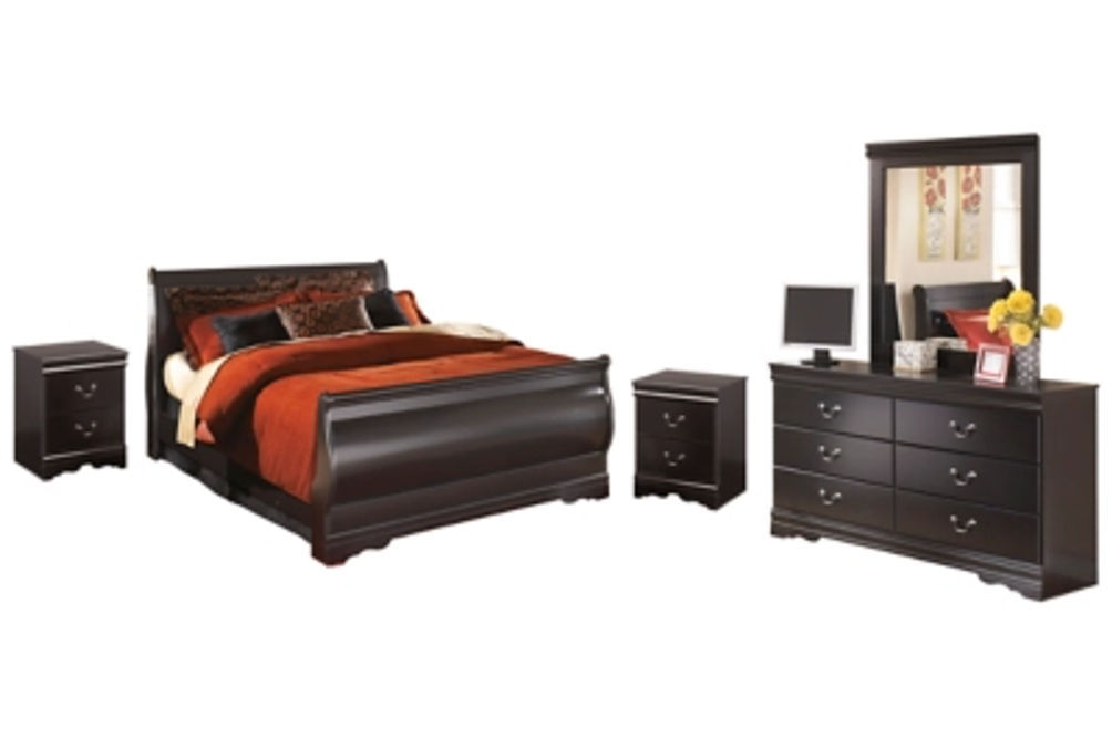 Huey Vineyard Queen Sleigh Bed with Mirrored Dresser and 2 Nightstands-Black