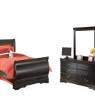 Huey Vineyard Twin Sleigh Bed with Mirroed Dresser and Nightstand-Black