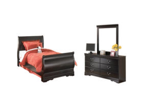 Huey Vineyard Twin Sleigh Bed with Mirroed Dresser and Nightstand-Black