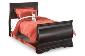 Huey Vineyard Twin Sleigh Bed with Mirroed Dresser and Nightstand-Black