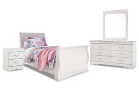 Anarasia Twin Sleigh Bed, Dresser, Mirror and Nightstand-White