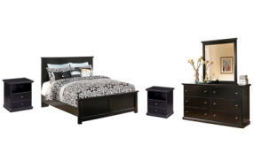 Maribel Queen Panel Bed with Dresser, Mirror and 2 Nightstands-Black