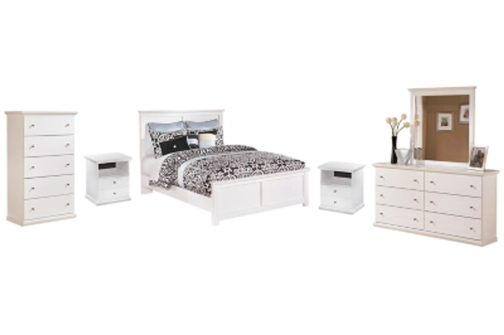 Bostwick Shoals Queen Panel Bed with Mirrored Dresser, Chest and 2 Nightstands