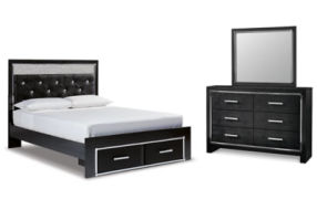 Kaydell Queen Upholstered Panel Storage Platform Bed, Dresser and Mirror-