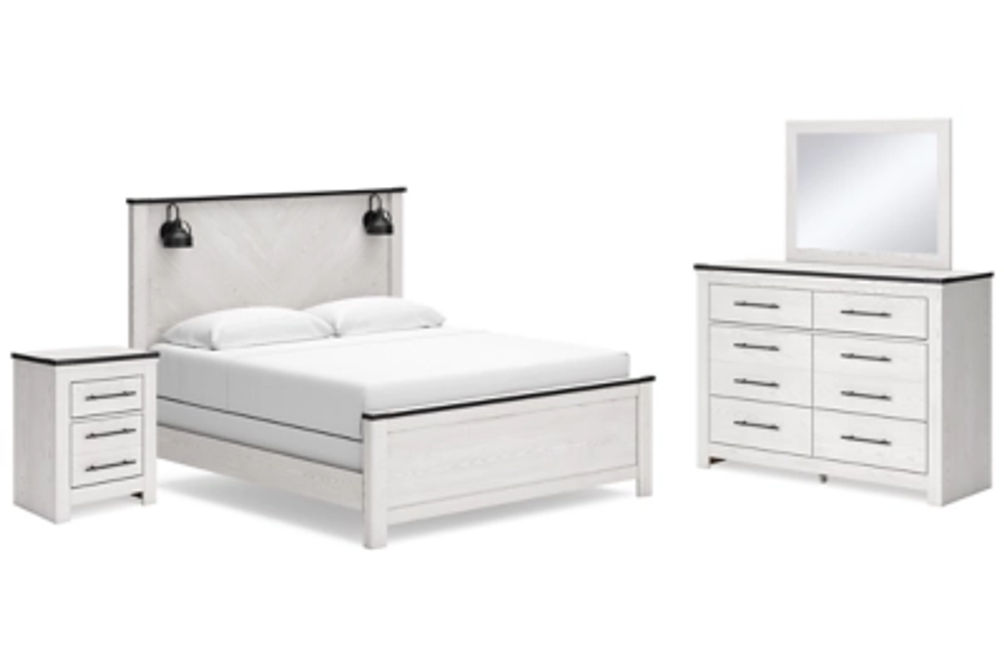 Schoenberg King Panel Bed, Dresser, Mirror and Nightstand-White