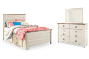 Willowton Full Panel Bed with Storage, Dresser and Mirror-Whitewash