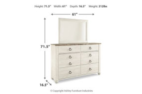 Willowton Full Panel Bed with Storage, Dresser and Mirror-Whitewash