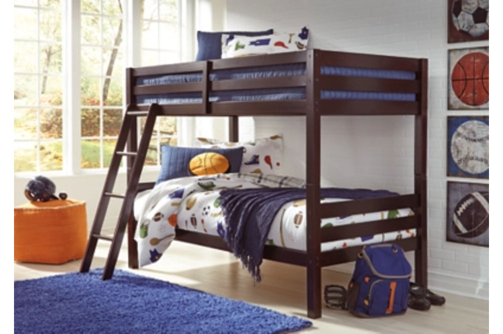 Halanton Twin over Twin Bunk Bed with 2 Twin Mattresses-Dark Brown