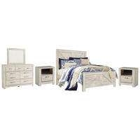 Bellaby Queen Crossbuck Panel Bed, Dresser, Mirror and 2 Nightstands-Whitewash