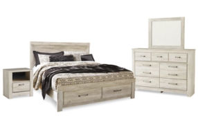 Bellaby King Panel Storage Bed, Dresser, Mirror and Nightstand-Whitewash