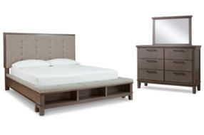 Benchcraft Hallanden King Panel Bed with Storage, Dresser and Mirror