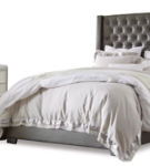 Coralayne King Upholstered Bed with Mirrored Dresser and Nightstand-Silver