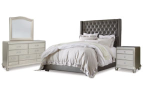 Coralayne King Upholstered Bed with Mirrored Dresser and Nightstand-Silver