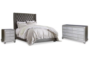 Coralayne Queen Upholstered Bed, Dresser and 2 Nightstands-Silver