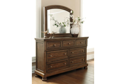 Flynnter Queen Panel Bed, Dresser, Mirror, and Nightstand-Medium Brown